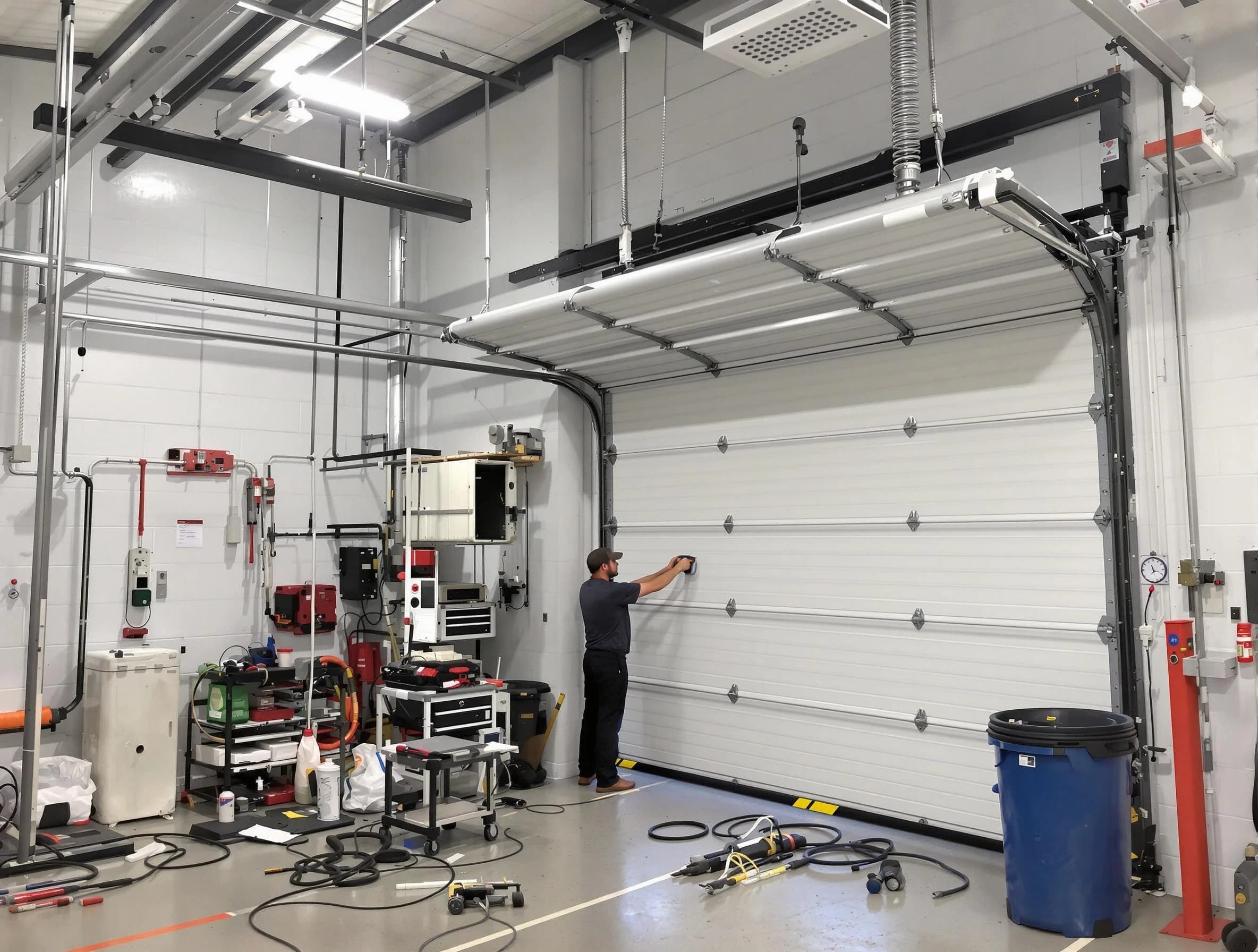 Peachtree Corners Garage Door Repair certified technician performing commercial door repair at a Peachtree Corners business facility