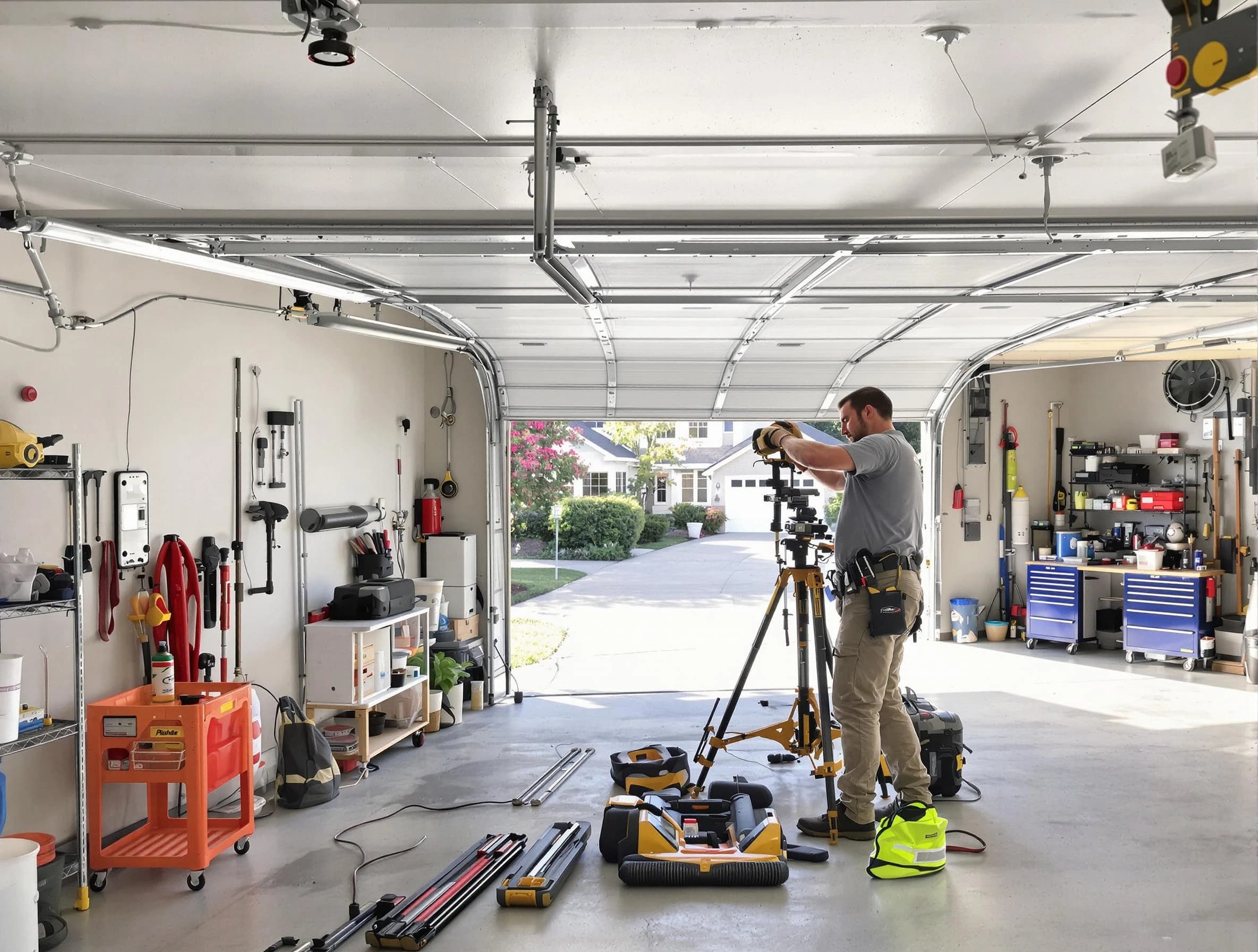 Peachtree Corners Garage Door Repair specialist performing laser-guided track alignment in Peachtree Corners